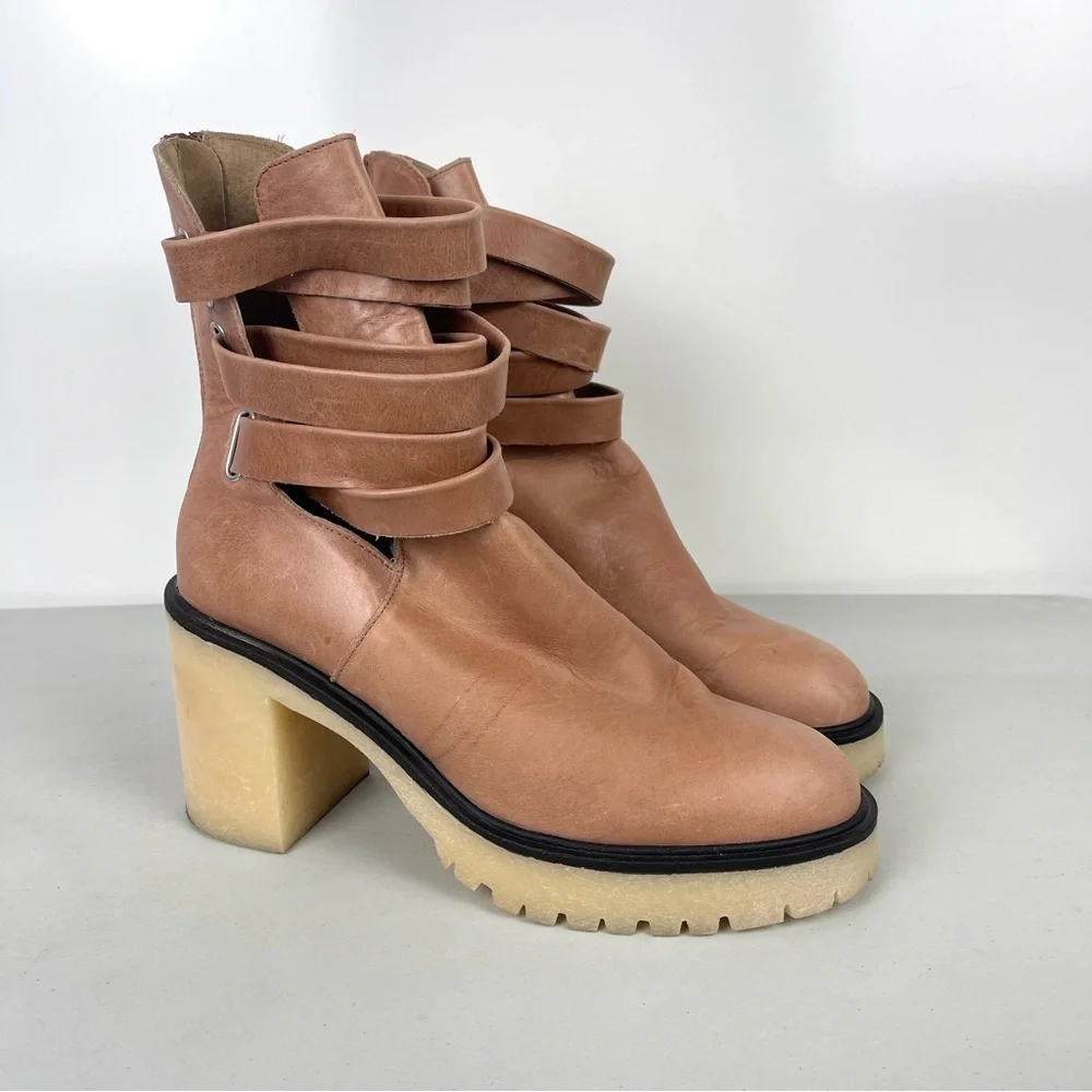 Free People Tan Leather Strappy Jesse Cutout Boots Chunky Women's Size 41 US 10